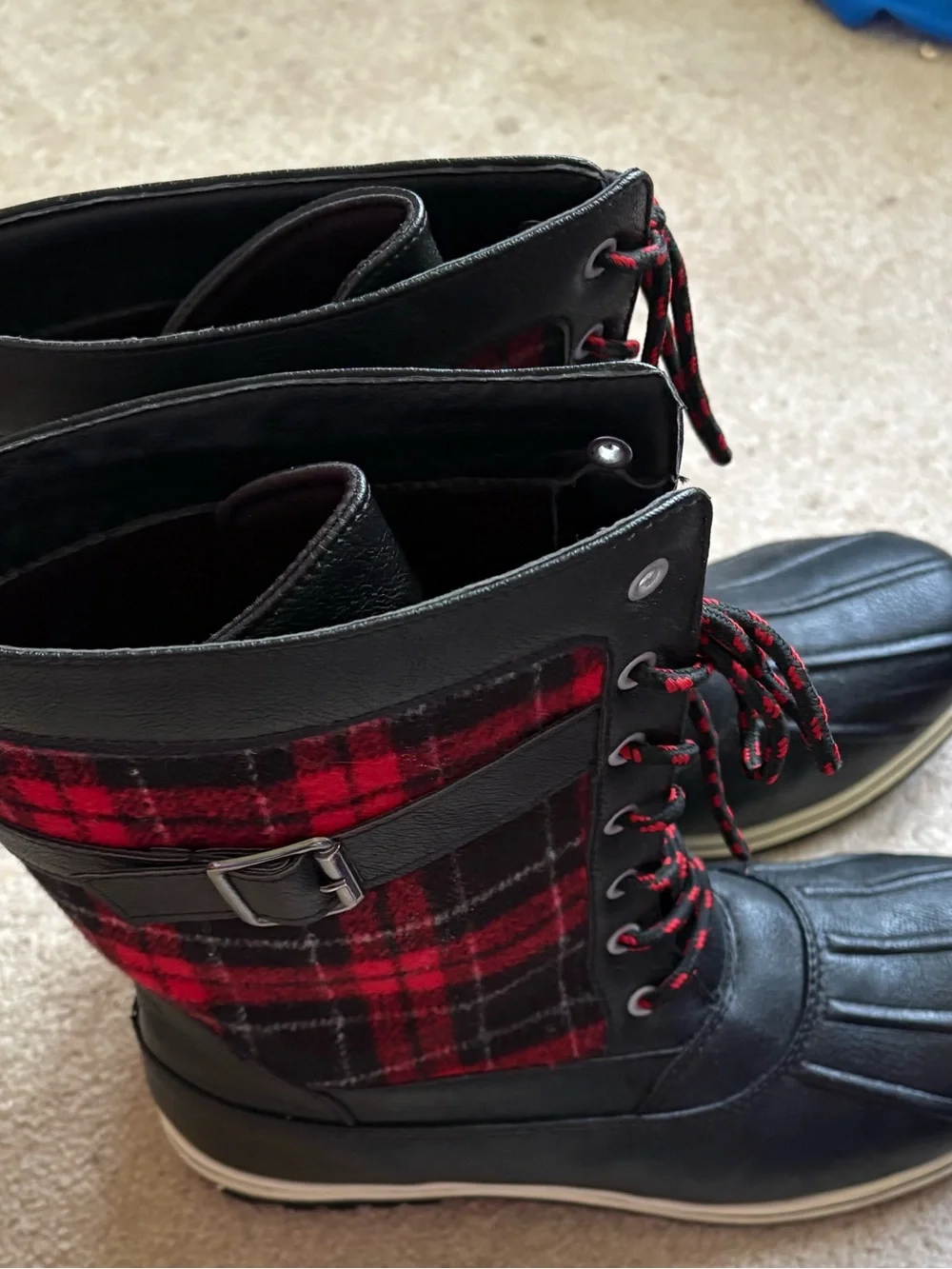 Women’s Black & Red Plaid Winter Duck Boots - Picture 1 of 6